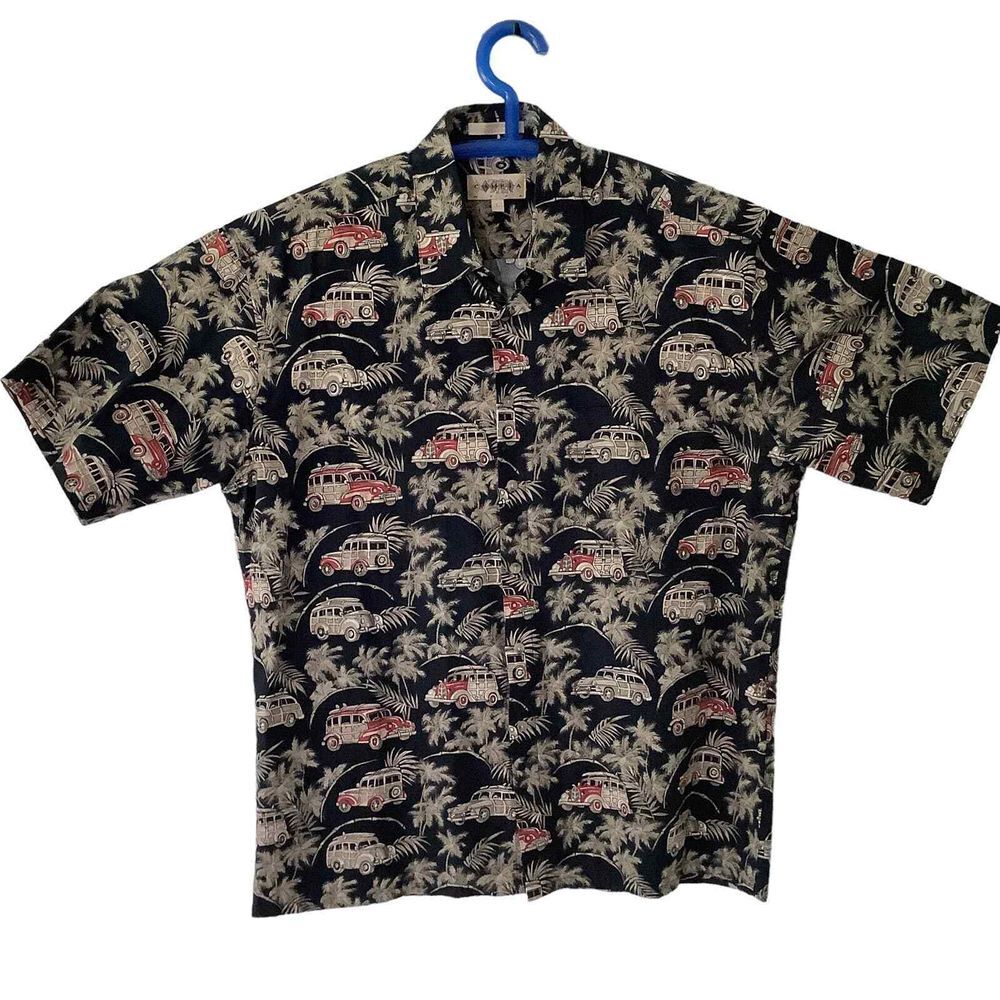 Campia Moda Mens Hawaiian Shirt Woody Wagon & Palms‎ Navy Large EUC